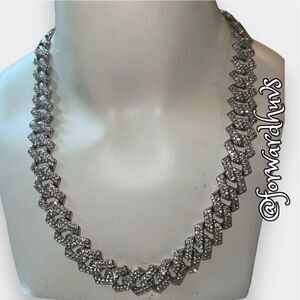 Silver Tone Rhinestone Covered Bling Necklace with Hidden Clasp